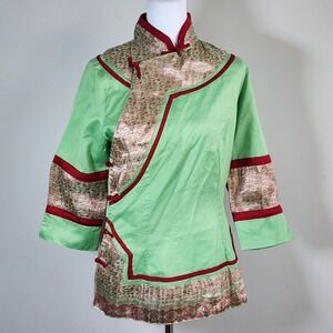 Maggie Walt Asian Top Womens Medium Green Paisley Frog‎ Closure Wrap Boho Cotton